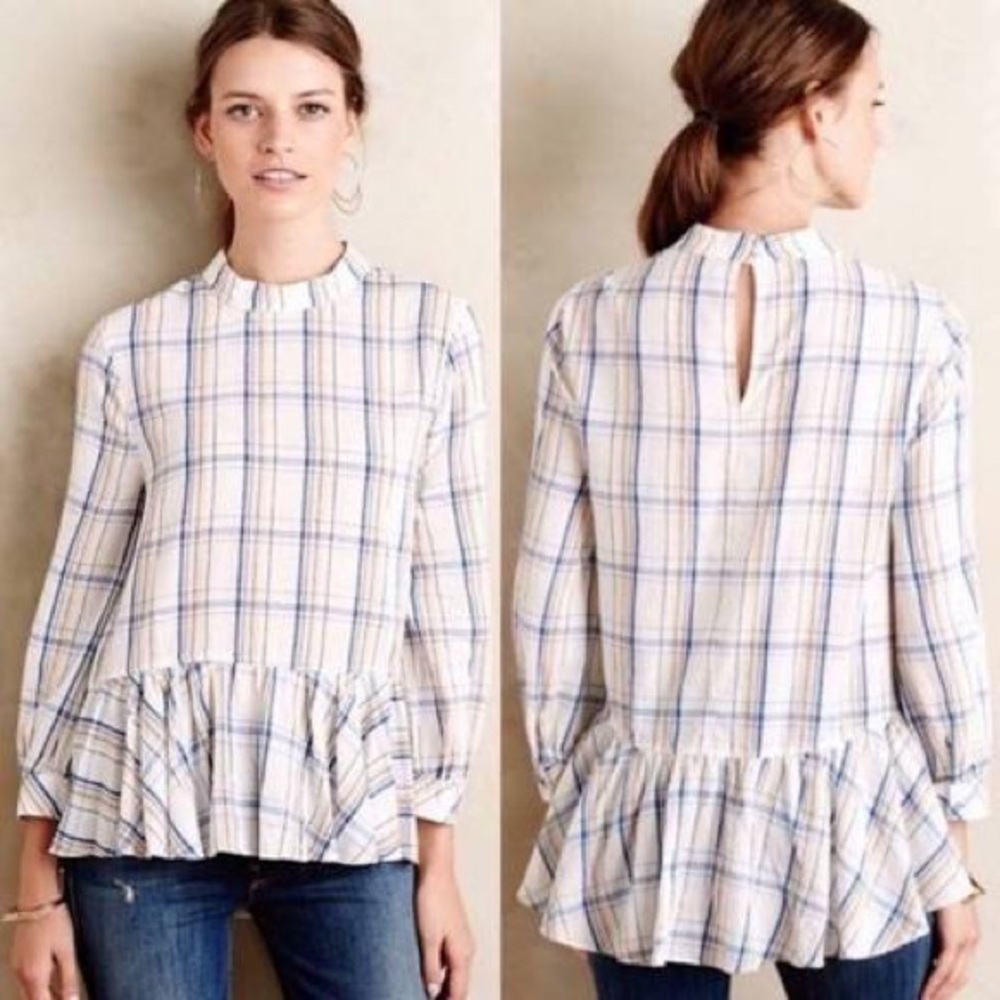 Anthropologie plaid peplum ruffle blouse
